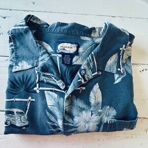 Island Blue 3X Hawaiian Shirt‎ Surfboard Car Floral Print Button Down Aloha